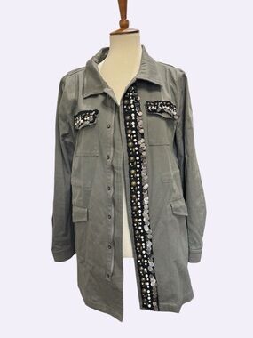 Sweet Rain Olive Green Utility Jacket with Bead & Sequin Trim #301
